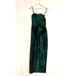 Vintage Alyce Designs Dress XS Gown Green Maxi Long Floral Metallic Formal